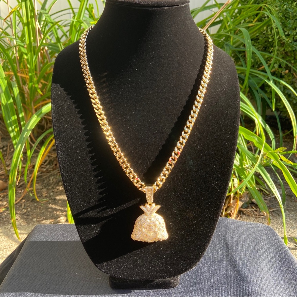 Gold Chain Cuban 8mm and Icy Money Bag Pendant Charm Set
